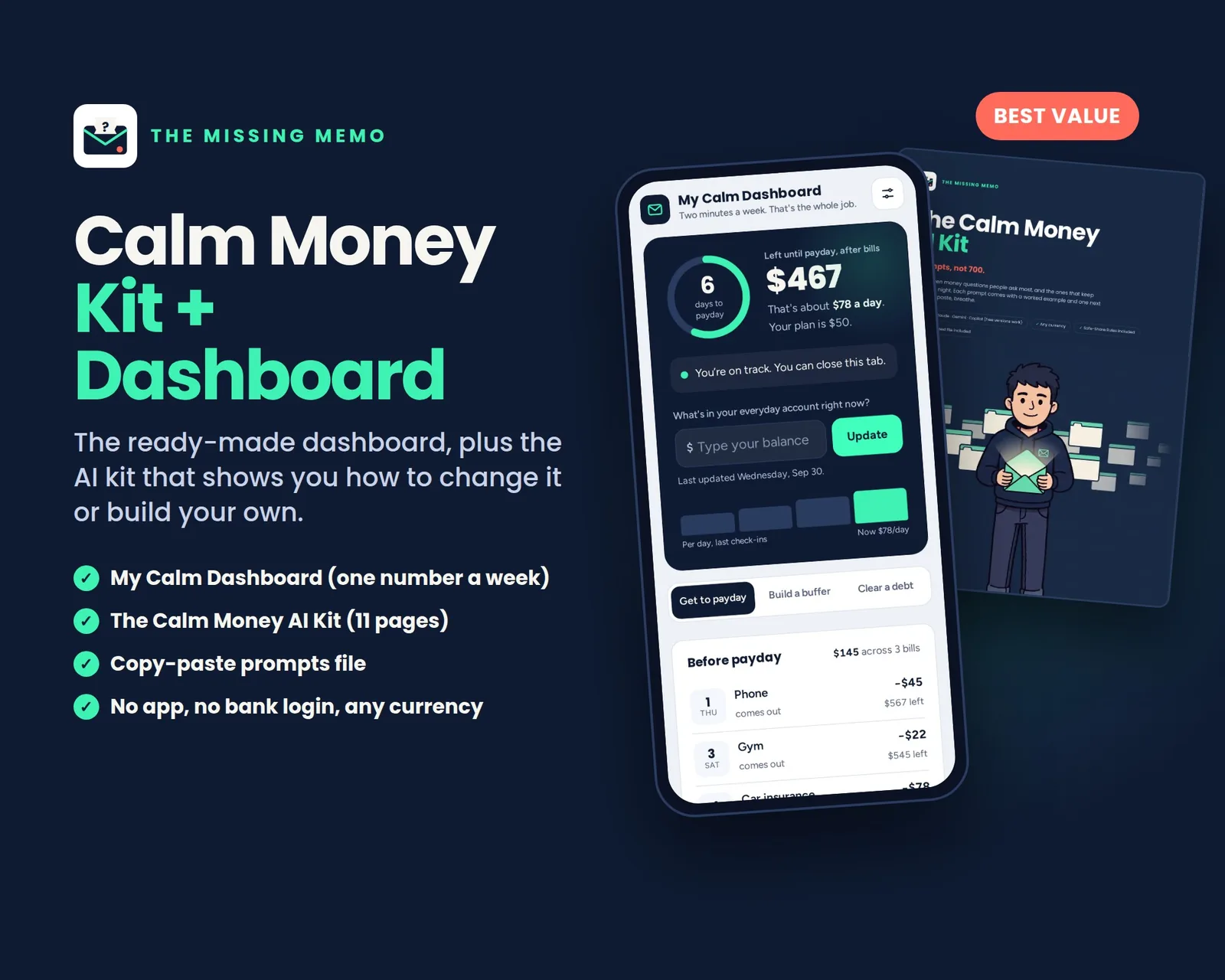 Calm Money Kit + Dashboard: cover and pages