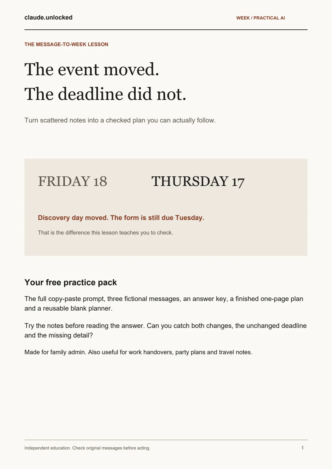 Turn Scattered Messages into a Checked Week: cover and pages