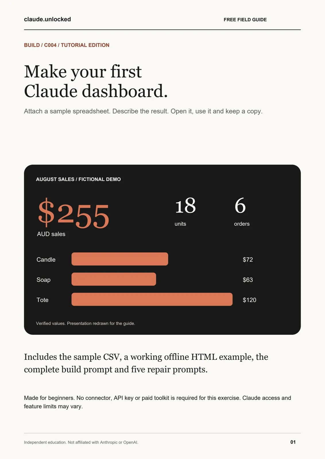 Make Your First Claude Dashboard: cover and pages